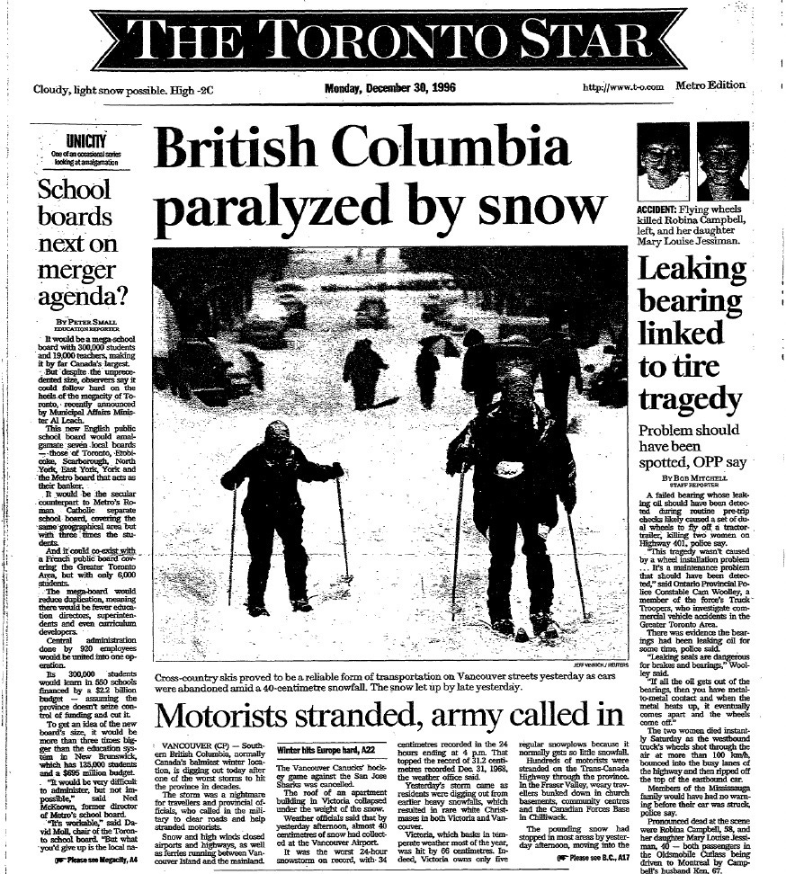 Front page of the Toronto Star, December 30, 1996
