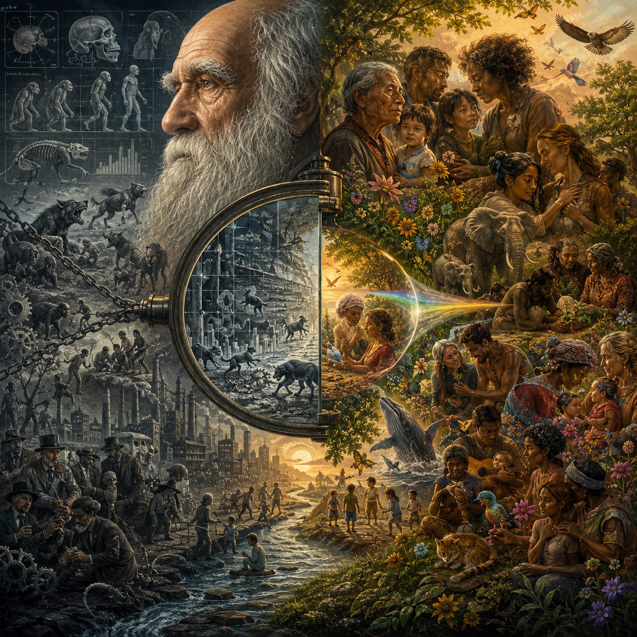 Symbolic hand-painted artwork contrasting mechanistic Darwinian evolution focused on competition and industrial survival with a relational vision of evolution centred on cooperation, emotional intelligence, intrinsic sensitivity, nature, family, and interconnected living systems.
