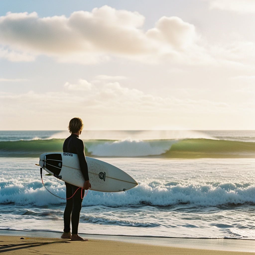 A person stands at the edge of the ocean holding a surfboard, looking at the waves but not stepping into the water — symbolizing hesitation and “almost.”