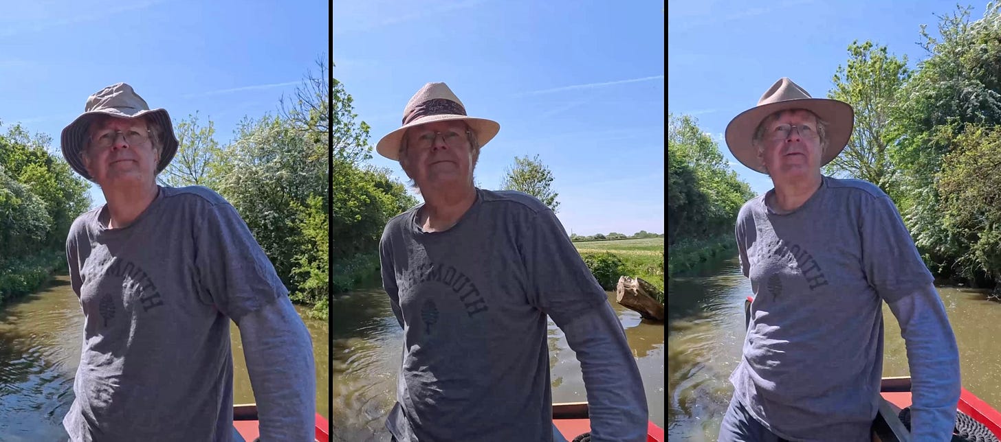 A split image showing the same man steering a narrowboat on a sunny day, wearing three different hats in each panel. He is dressed in a long-sleeved grey shirt that says “Dartmouth” and stands at the tiller of the boat on a calm, tree-lined canal. The left panel shows him in a floppy sun hat, the centre panel in a straw fedora, and the right panel in a wide-brimmed Aussie-style hat.