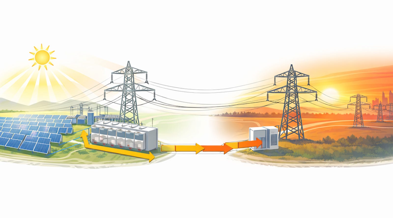 Illustration of a battery storing excess solar generation near a constrained transmission line and releasing electricity later when the line has spare capacity. Illustration of a battery storing excess solar generation near a constrained transmission line and releasing electricity later when the line has spare capacity.