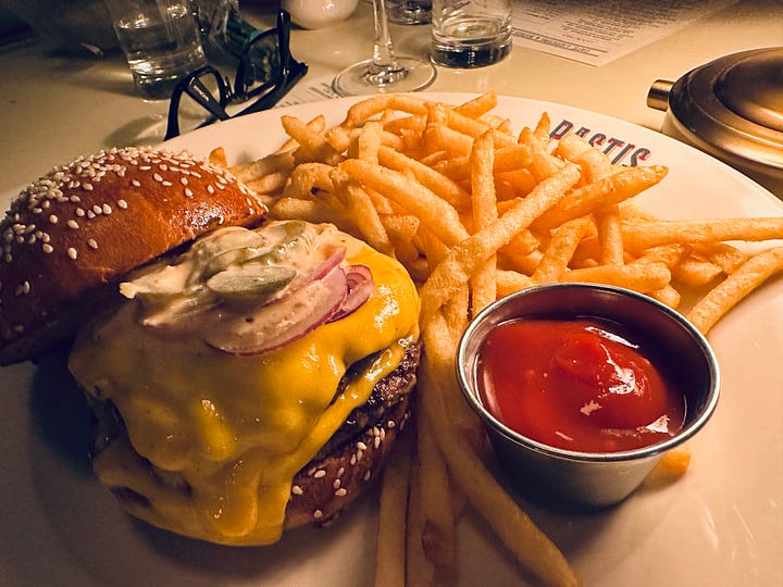 The chicken paillard and the hamburger a l'Americain are both great at Pastis.The chicken paillard and the hamburger a l'Americaine at Pastis.