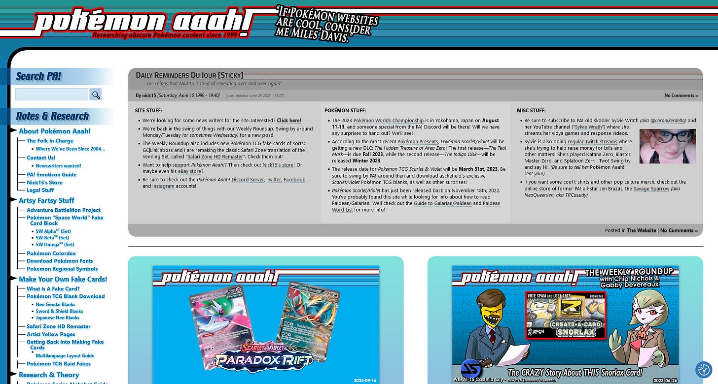 An example of Pokémon Aaah's layout from October 2023