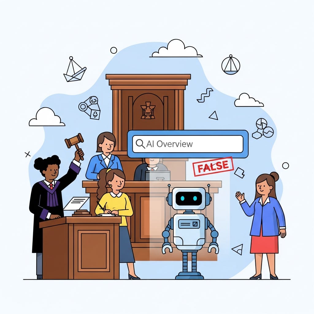 A cartoon judge raising a gavel toward a friendly robot beside a glowing search box labeled AI Overview stamped with a red False mark in a German courtroom.