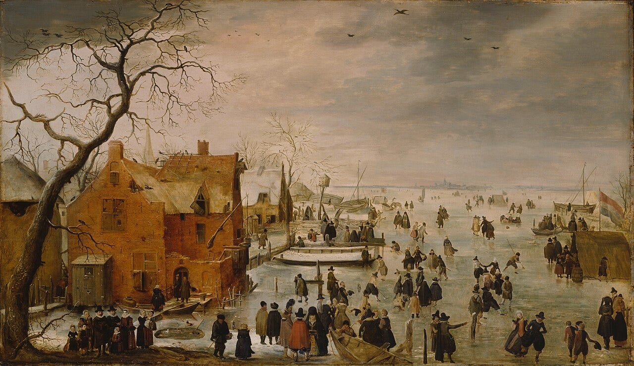 A crowded frozen canal full of skaters, sledges and townsfolk under a pale winter sky A crowded frozen canal full of skaters, sledges and townsfolk under a pale winter sky