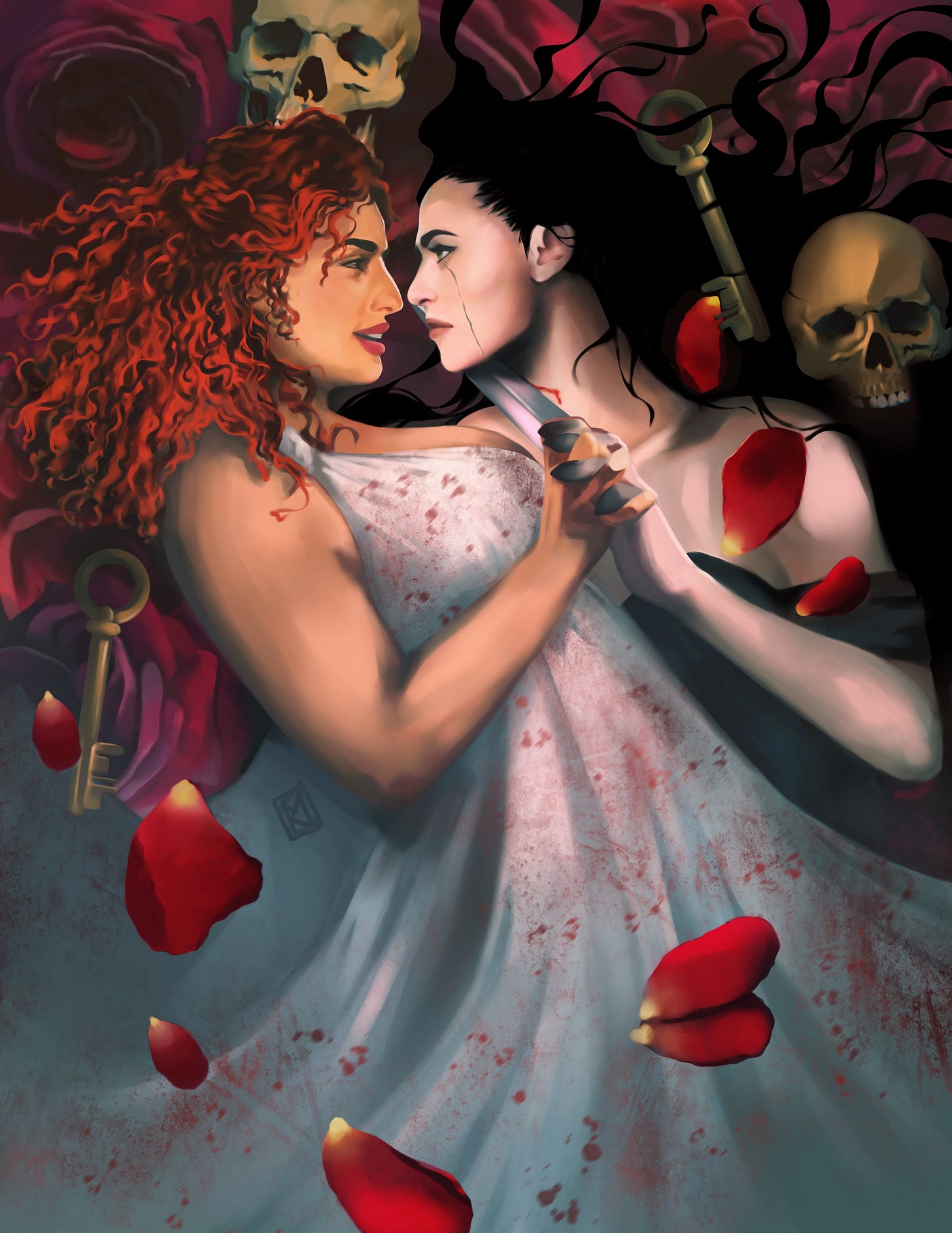 a woman with red curly hair and a woman with black wavy hair embrace among skulls, roses, keys, and a blood-soaked dress