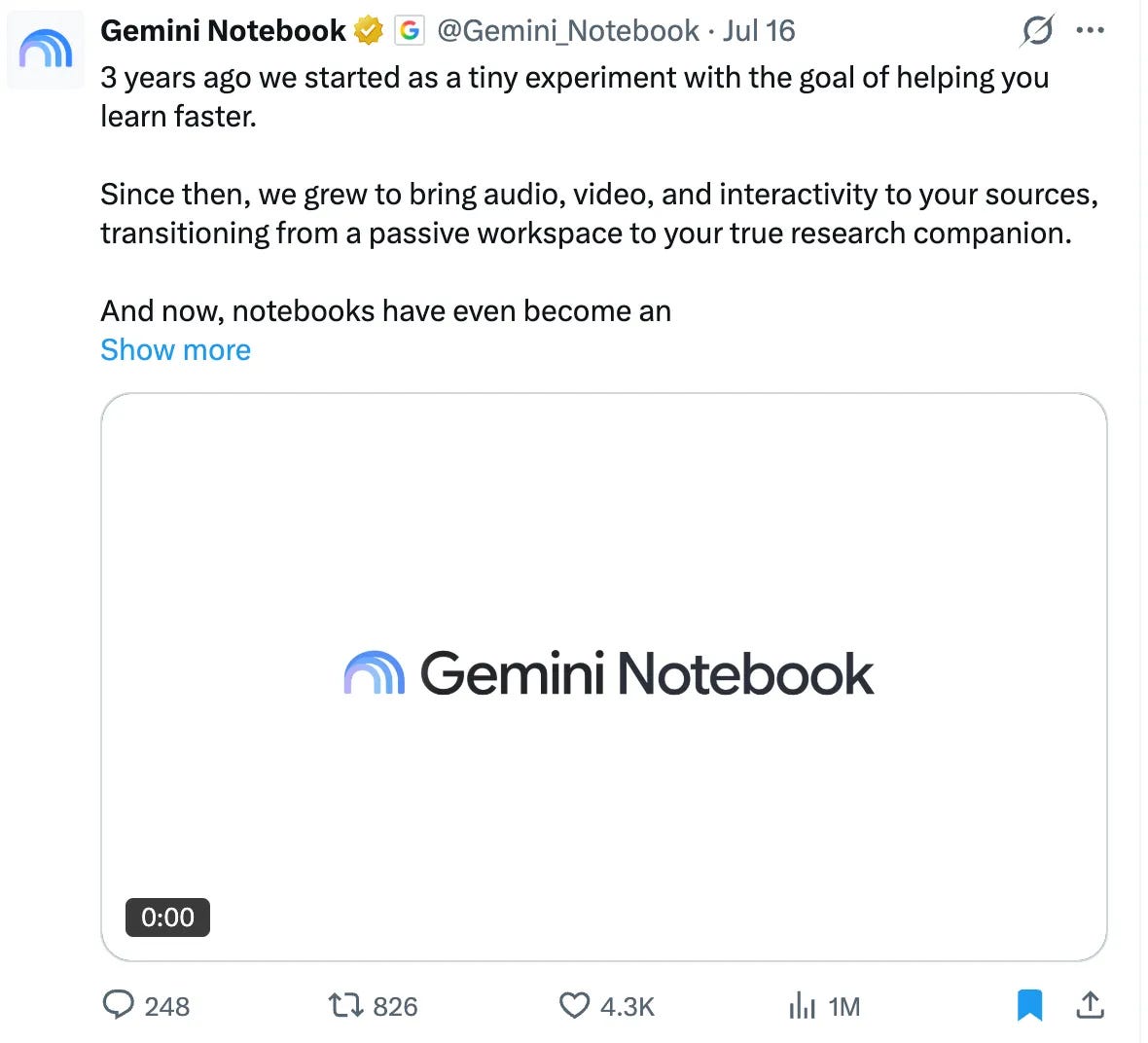 Gemini Notebook account announcing the rename from NotebookLM on X