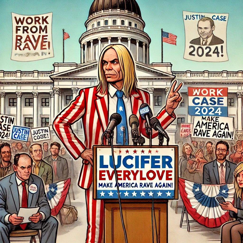 A humorous illustration of Lucifer Everylove, resembling Iggy Pop but looking more like a quirky presidential candidate, standing confidently at a podium on the south steps of the Utah State Capitol. He is wearing a red, white, and blue suit jacket with 'Work From Home Congress' printed in bold letters. The scene is lively, with banners reading 'Justin Case 2024' and 'Make America Rave Again!' Reporters and onlookers, some looking amused and others puzzled, hold microphones and notepads. The backdrop features the iconic Utah State Capitol building, decorated with last-minute campaign signs.