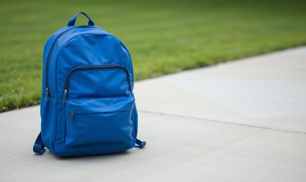 a blue backpack on the sidewalk with a lawn in the background a blue backpack on the sidewalk with a lawn in the background
