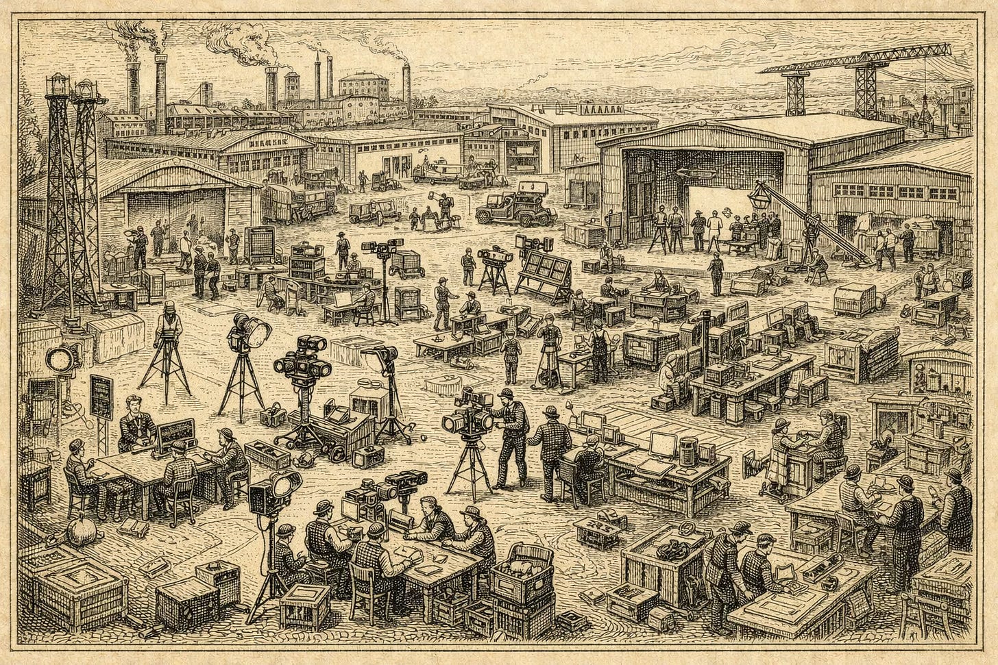 Vintage engraved illustration of creator TV at industrial scale, showing a large production campus with crews, sets, workshops, and studio operations resembling a modern YouTube-era Hollywood system. Vintage engraved illustration of creator TV at industrial scale, showing a large production campus with crews, sets, workshops, and studio operations resembling a modern YouTube-era Hollywood system.