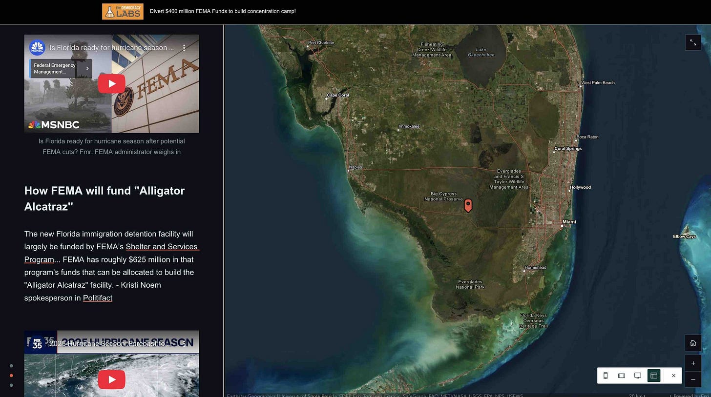 The new Florida immigration detention facility will largely be funded by FEMA’s  Shelter and Services Program ... FEMA has roughly $625 million in that program’s funds that can be allocated to build the "Alligator Alcatraz" facility. - Kristi Noem spokesperson in  Politifact