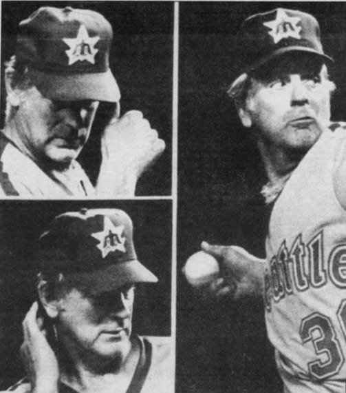 Photo series showing various "moves" Perry made to suggest he was getting "slippery stuff" with which to doctor a ball.