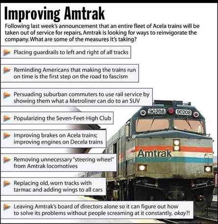 [Image shows a satirical news graphic titled "Improving Amtrak" with subtitle "Following last week's announcement that an entire fleet of Acela trains will be taken out of service for repairs, Amtrak is looking for ways to reinvigorate the company. What are some of the measures it's taking?" with an image of an Amtrak locomotive] Placing guardrails to left and right of all tracks; Reminding Americans that making the trains run on time is the first step on the road to fascism; Persuading suburban commuters to use rail service by showing them what a Metroliner can do to an SUV; Popularizing the Seven-Feet-High Club; Improving brakes on Acela trains; improving engines on Decela trains; Removing unnecessary "steering wheel" from Amtrak locomotives; Replacing old, worn tracks with tarmac and adding wings to all cars; Leaving Amtrak's board of directors alone so it can figure out how to solve its problems without people screaming at it constantly, okay?!