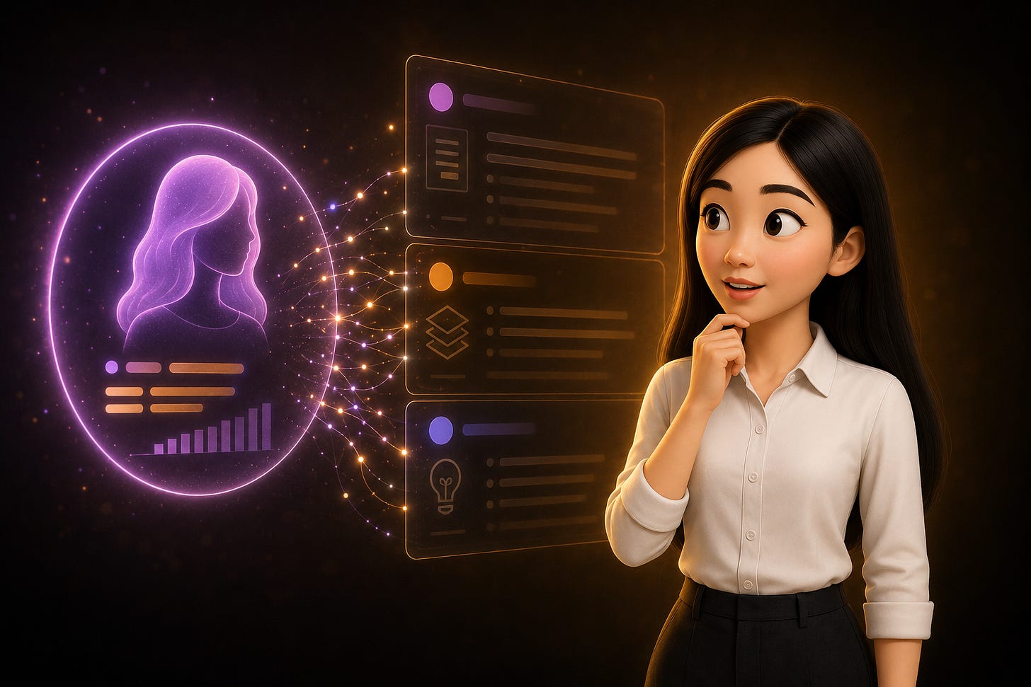Pixar-style 3D illustration of Jenny Ouyang from Build to Launch standing in right frame, one hand near chin, studying a glowing floating creator profile card to her left. Behind the card, a structured scout brief panel materializes from the dark background with labeled sections: TL;DR, Offer Stack, and What to Steal. A faint data stream of glowing nodes connects the profile to the brief. Deep amber cinematic lighting. Represents reverse-engineering a creator's full business model with one AI prompt. Build to Launch by Jenny Ouyang