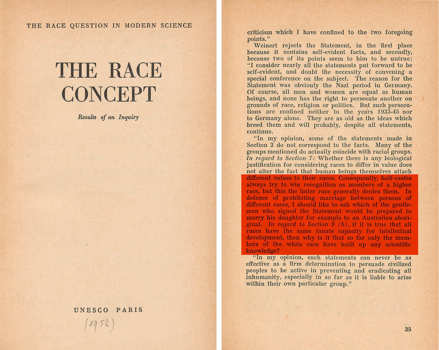 Two illustrations. The first is the title page of a UNESCO publication “The Race Concept“. The second image is an excerpt from the publication, in which a former staff member of the Institute, Hans Weinert, makes racist statements.