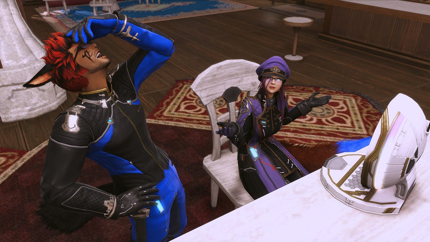 A screenshot from Final Fantasy XIV capturing a dramatic interaction between two characters in an indoor setting. On the left stands Maxx, a male Miqo'te with red and black hair, dressed in a sleek blue and black futuristic bodysuit. He is leaning back theatrically with one hand grasping his forehead and the other on his hip, his mouth open as if in exasperated laughter or disbelief. On the right, Joan sits at a white table wearing a purple military-style peaked cap and matching trench coat with glasses. She is gesturing with both hands open in a "shrug" or presentation motion towards a white, high-tech mechanical device sitting on the table between them. The background features the cozy interior of the "First Step Cafe," visible through wooden flooring and patterned rugs.