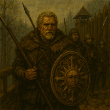 A dark fantasy image of a grizzled werewolf hunter, visually based on Clancy Brown, standing atop the mist-shrouded walls of Krezk with his men. The hunter is tall and broad, with a weathered face, gray beard, and piercing eyes. He wears a long, tattered coat over reinforced leather armor, and carries a silver-inlaid crossbow slung across his back. His men — rugged, scarred, and grim — wear patchwork armor and carry torches, spears, and crossbows. The stone walls are moss-covered and ancient, with wooden palisades and lookout towers. Fog curls around the base of the wall, and the forest looms beyond. The atmosphere is tense, watchful, and steeped in dread.