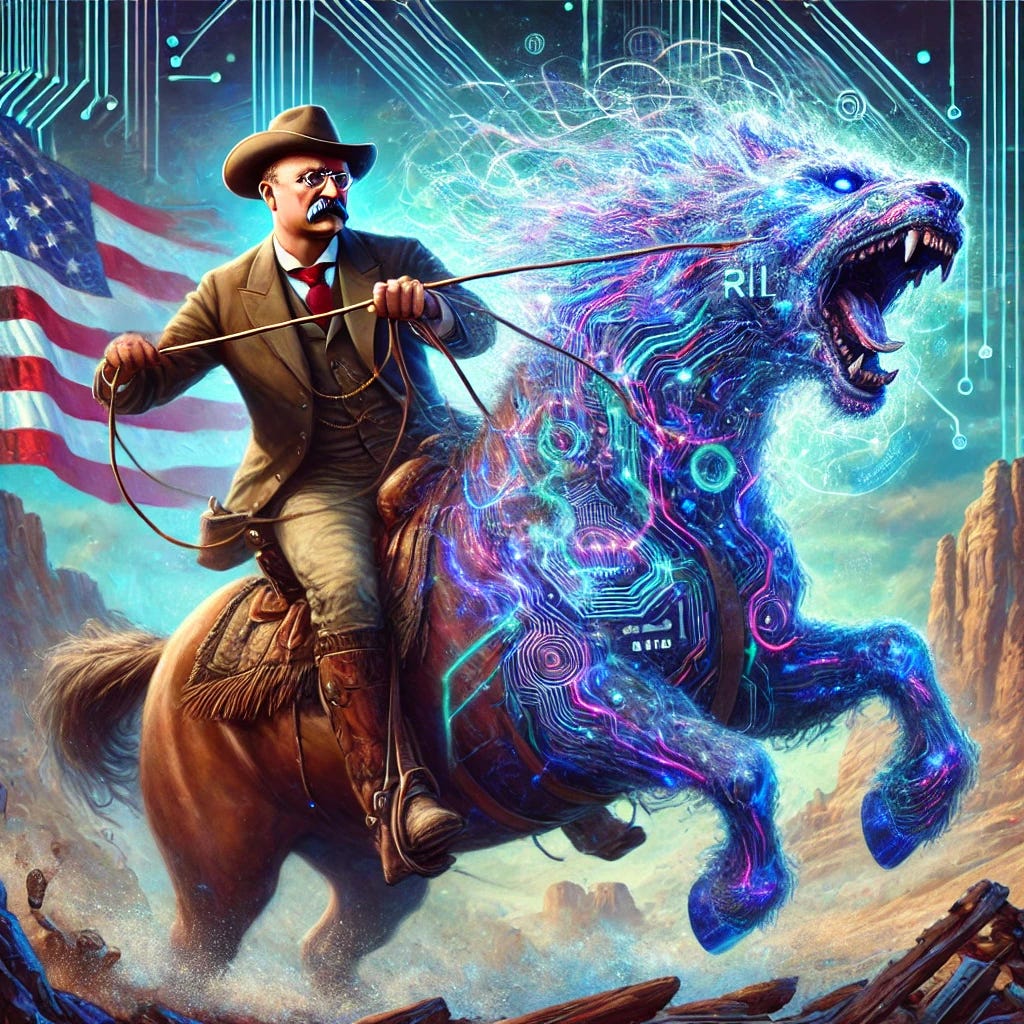 A dramatic illustration of Theodore Roosevelt on horseback, set in a futuristic landscape. He is dressed in his Rough Rider uniform, gripping the reins tightly as he tames a glowing, swirling AI system represented by a mass of digital code and circuitry, struggling like a wild beast. The AI pulses with electric blue and purple light, resembling an untamed force of technology. Roosevelt has a determined and fearless expression, embodying his historical spirit of adventure and leadership. The background features a mix of old Western terrain and futuristic digital elements, symbolizing the clash between history and modernity.