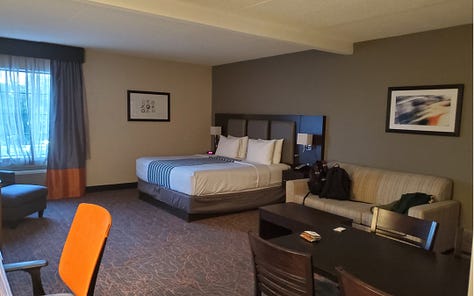 Four pictures showing the hotel room, dinner,  and "the" coffee.