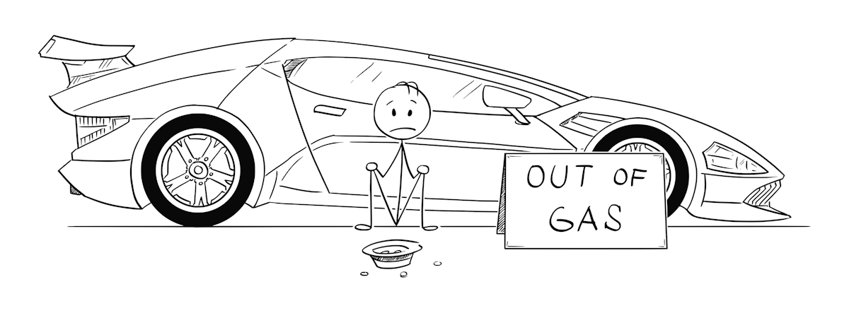 Illustration. Person next to car with beggar's hat and sign "out of gas"