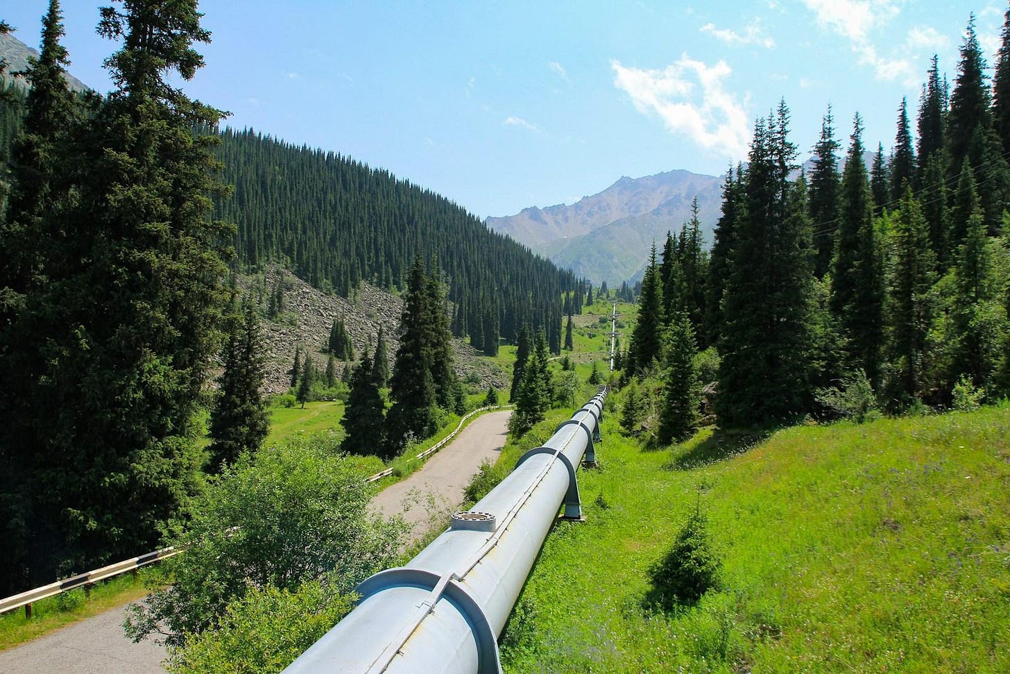 A pipeline runs through a lush, green mountain. A pipeline runs through a lush, green mountain.