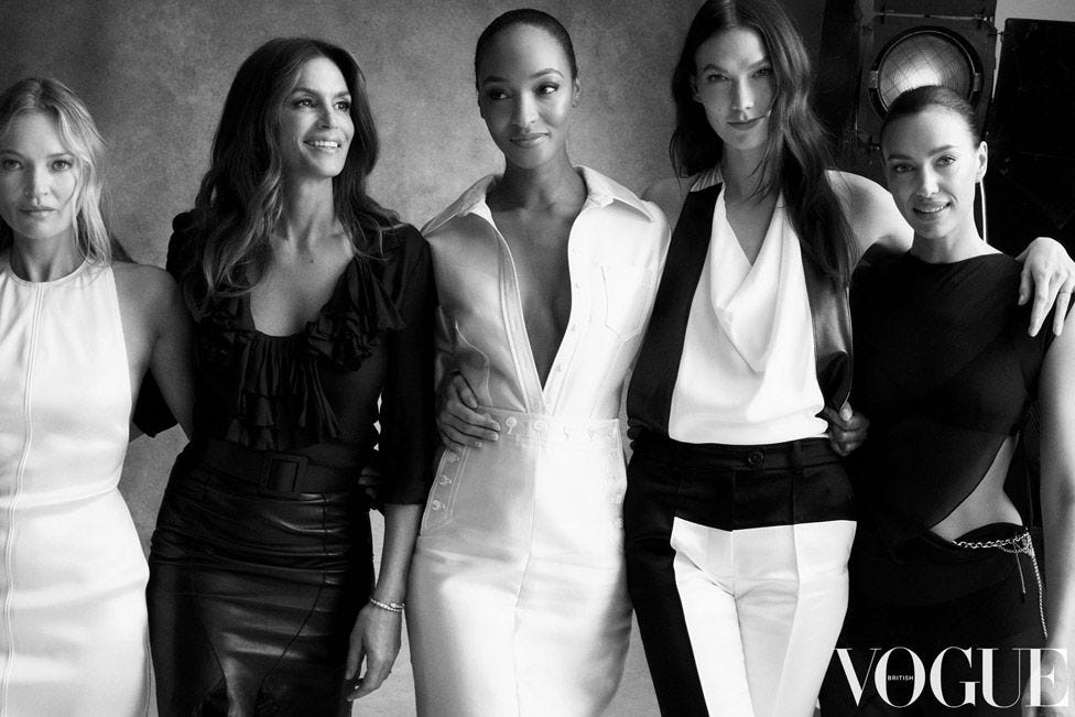 Left-right: Kate Moss, Cindy Crawford, Jourdan Dunn, Karlie Kloss and Irina Shayk Left-right: Kate Moss, Cindy Crawford, Jourdan Dunn, Karlie Kloss and Irina Shayk