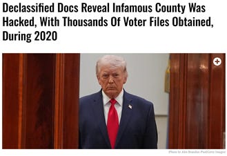 The image depicts a news headline or headline from a news article, which states that a county's voter files were hacked and thousands of documents were obtained during the year 2020. AI-generated content may be incorrect.
