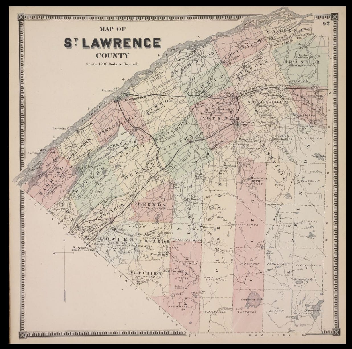 1856 Beers map of St. Lawrence County in North Country New York