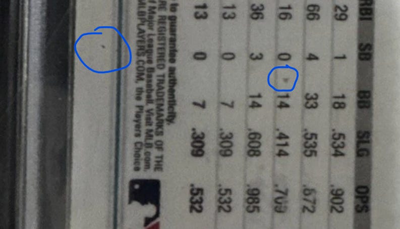 Ink marks on 2022 Cal Raleigh Topps Chrome Auto card. Ink marks on 2022 Cal Raleigh Topps Chrome Auto card.