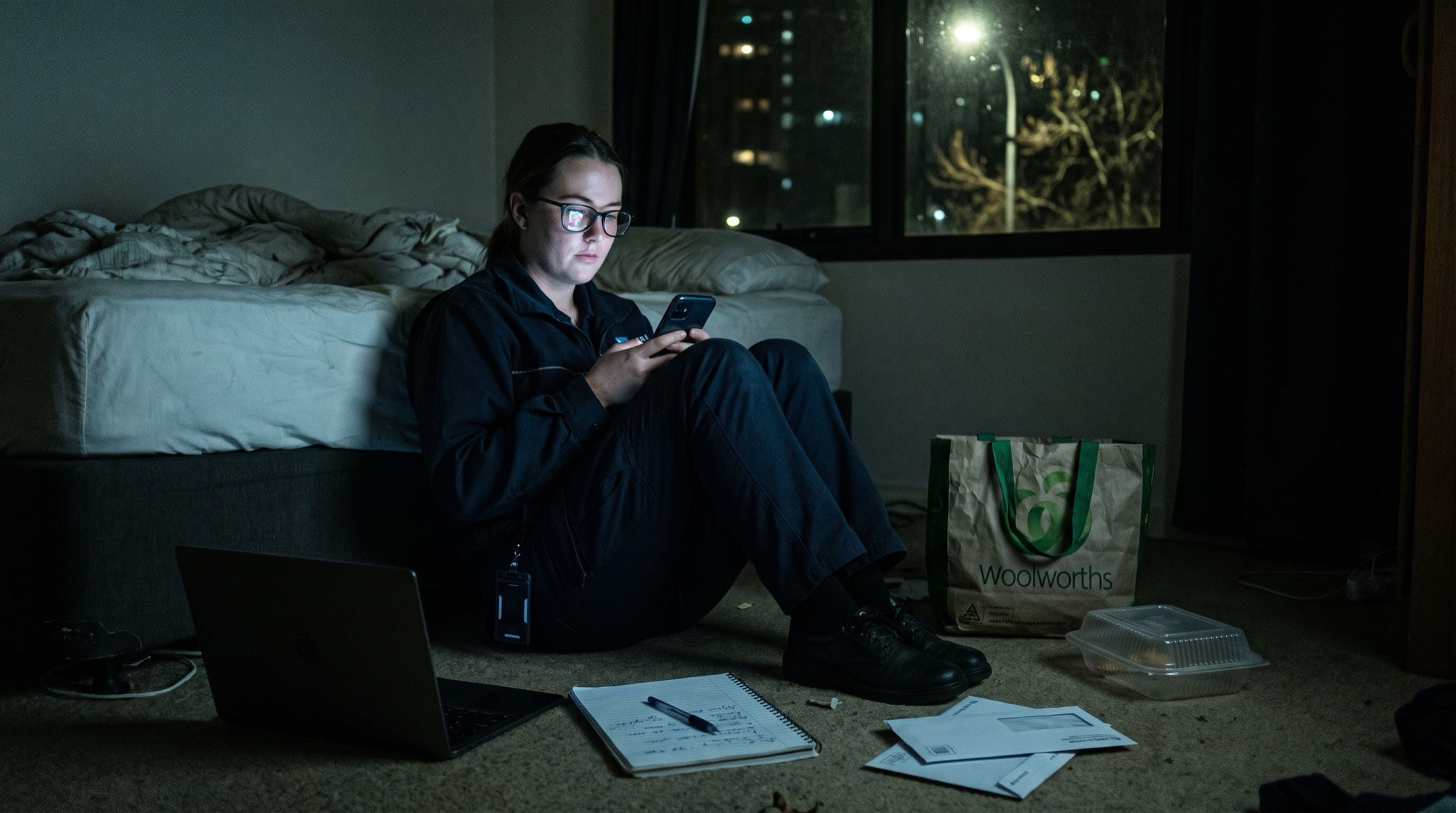 A woman in her mid twenties sitting on the floor of a small rented Australian flat at two in the morning, lit only by her phone