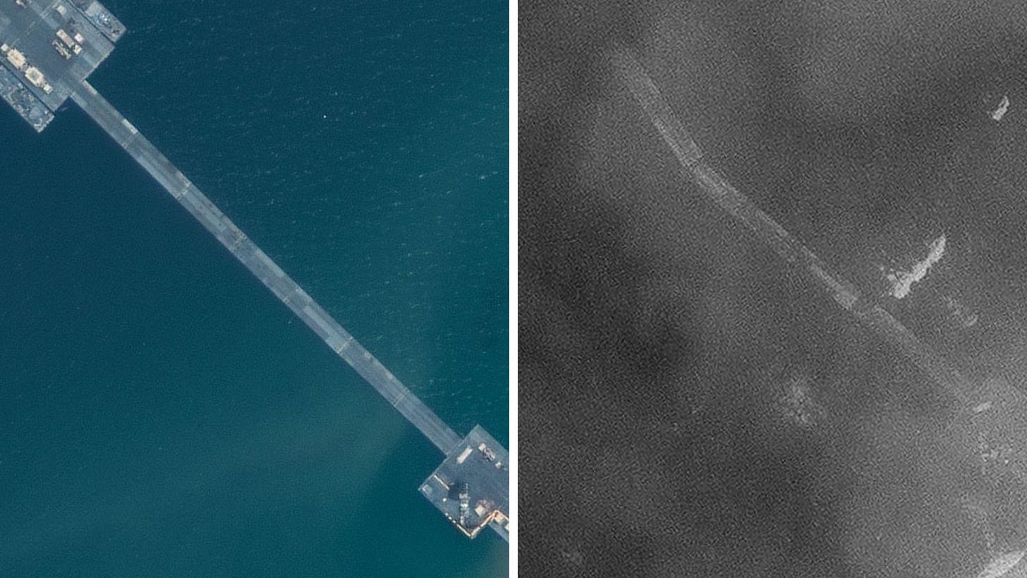 A Maxar Technologies satellite image, taken on Tuesday afternoon, right, shows a large section of the floating pier is missing. A May 18 satellite image, also from Maxar Technologies, left, shows how the pier is supposed to look. A Maxar Technologies satellite image, taken on Tuesday afternoon, right, shows a large section of the floating pier is missing. A May 18 satellite image, also from Maxar Technologies, left, shows how the pier is supposed to look.