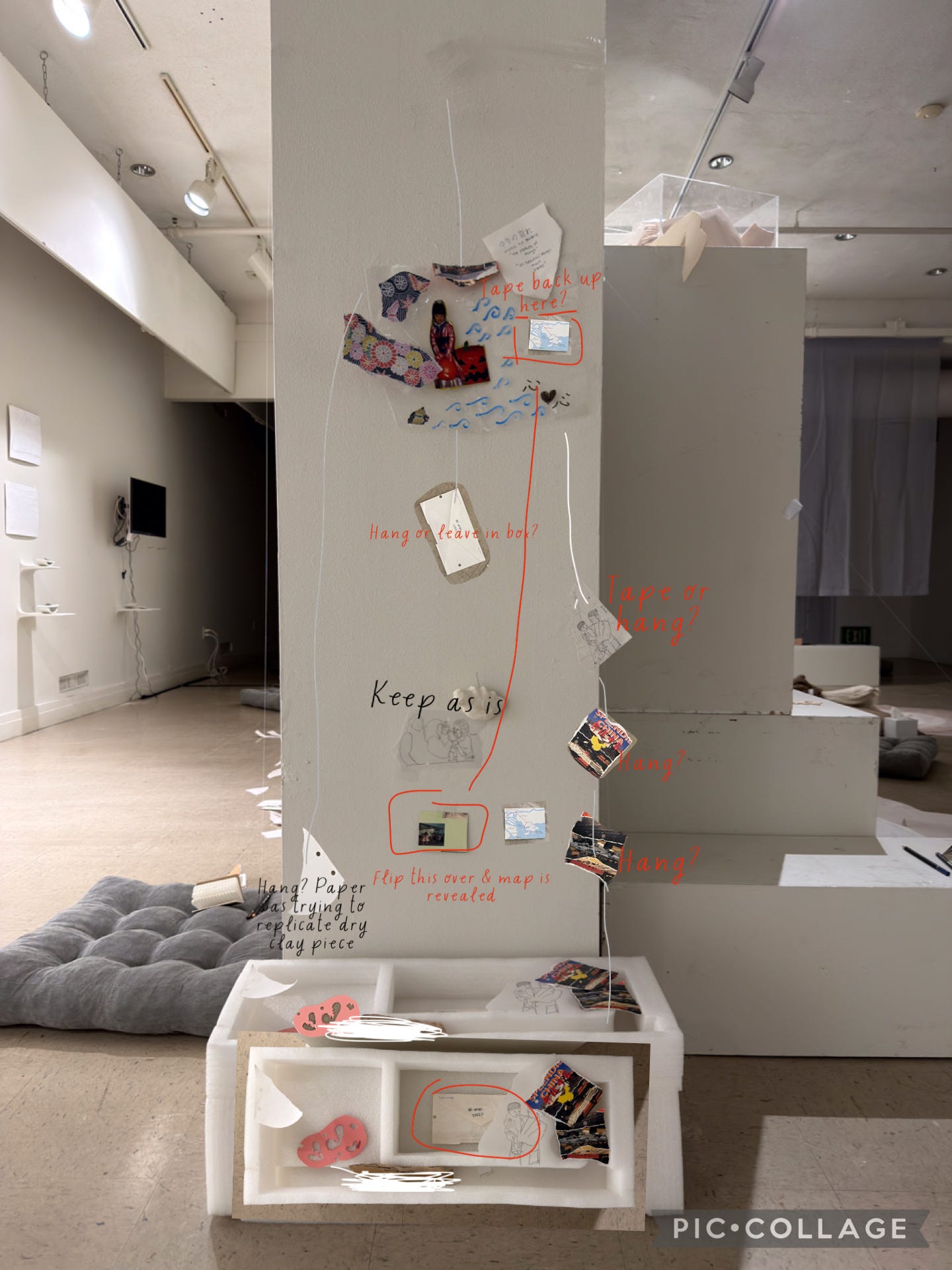 A photograph of a gallery column with small works mounted on it, overlaid with handwritten red annotations, arrows, and boxes drawn around individual elements. A collage-app watermark appears in the lower right corner.