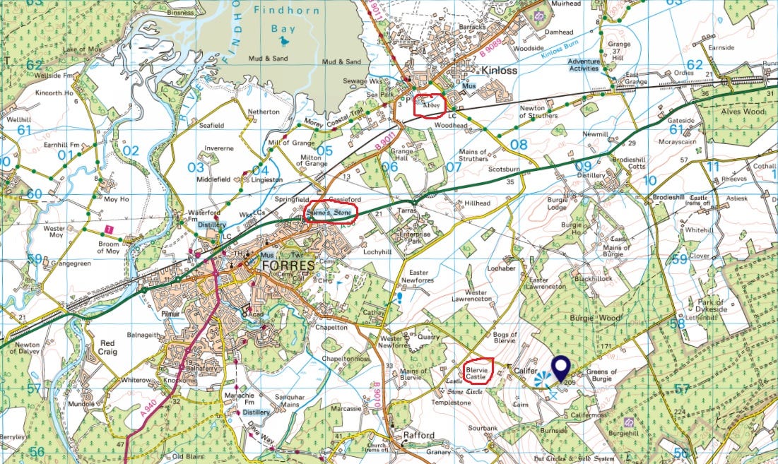 Map of the Forres area showing the locations of Kinloss Abbey, Sueno's Stone and Blervie to the east and south of the modern town