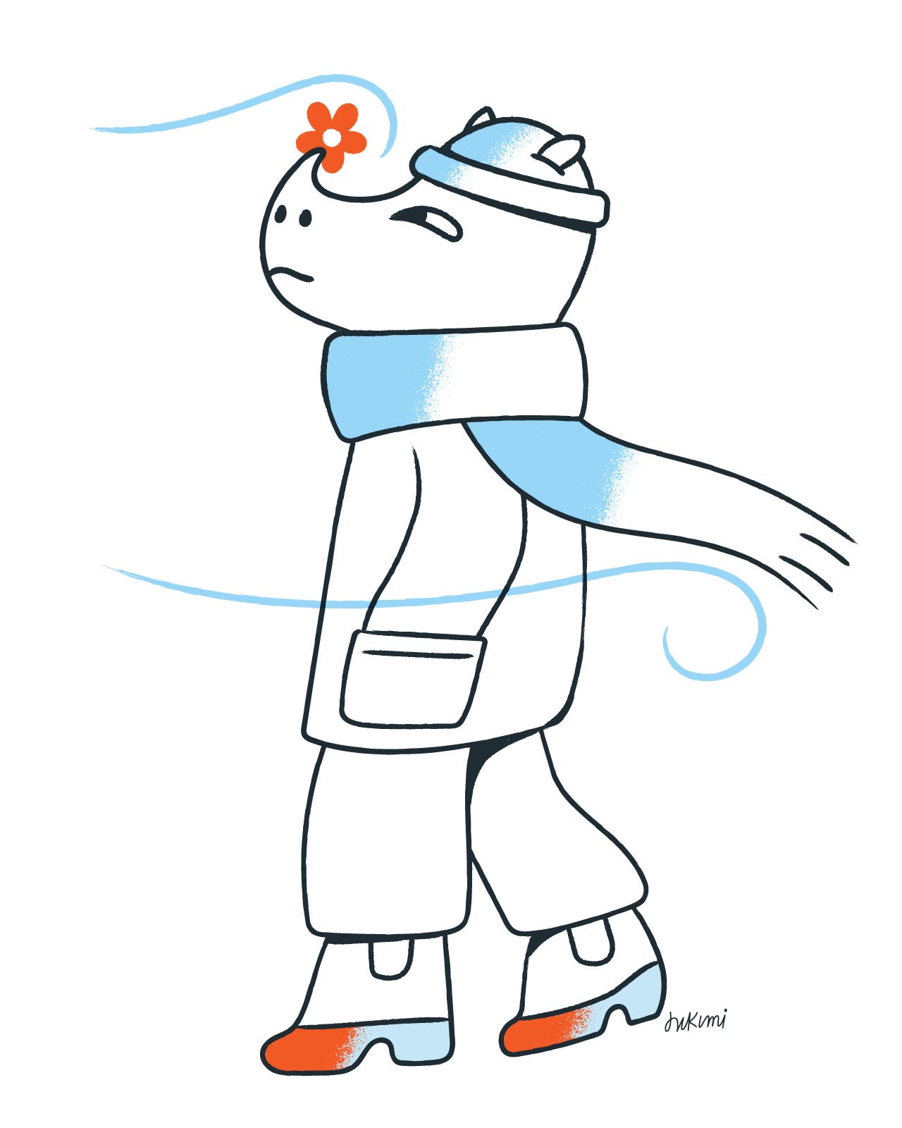 Illustration of a character in winter clothes with a blue scarf and orange flower on their hat, walking through a snowy day with a hopeful expression.