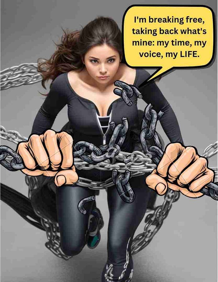 Young woman with a determined expression breaking a chain with her bare hands- symbolic of freeing herself from the confines of abuse.