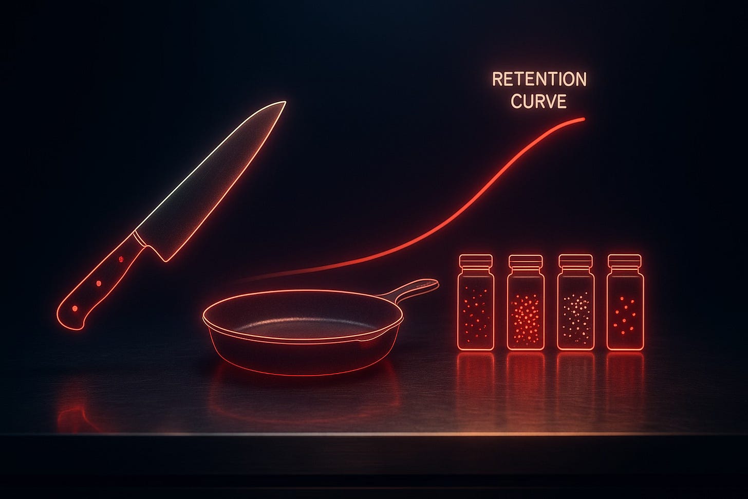 Neon outline of a chef’s knife, pan, and seasoning jars with a rising retention-curve graphic. Neon outline of a chef’s knife, pan, and seasoning jars with a rising retention-curve graphic.