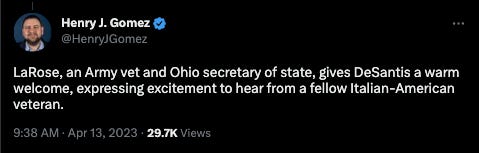 tweet: LaRose, an Army vet and Ohio secretary of state, gives DeSantis a warm welcome, expressing excitement to hear from a fellow Italian-American veteran.