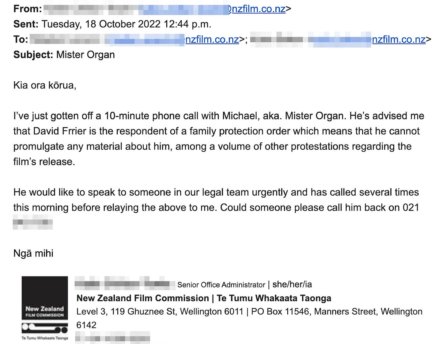 The NZFC emailing saying they'd received an email from Mister Organ The NZFC emailing saying they'd received an email from Mister Organ