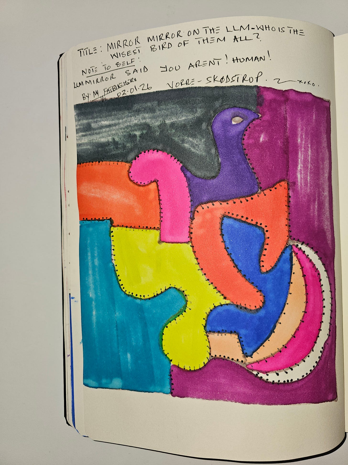 Alt Text: The back of a sketchbook page by FatbikeHero containing the handwritten title âMirror Mirror on the LLM - Who is the Wisest Bird of Them All?â and the text âNote to self: LLM Mirror said you arenât! Human!â. Dated 02.01.26, Vorre-Skødstrup. Alt Text: The back of a sketchbook page by FatbikeHero containing the handwritten title âMirror Mirror on the LLM - Who is the Wisest Bird of Them All?â and the text âNote to self: LLM Mirror said you arenât! Human!â. Dated 02.01.26, Vorre-Skødstrup.