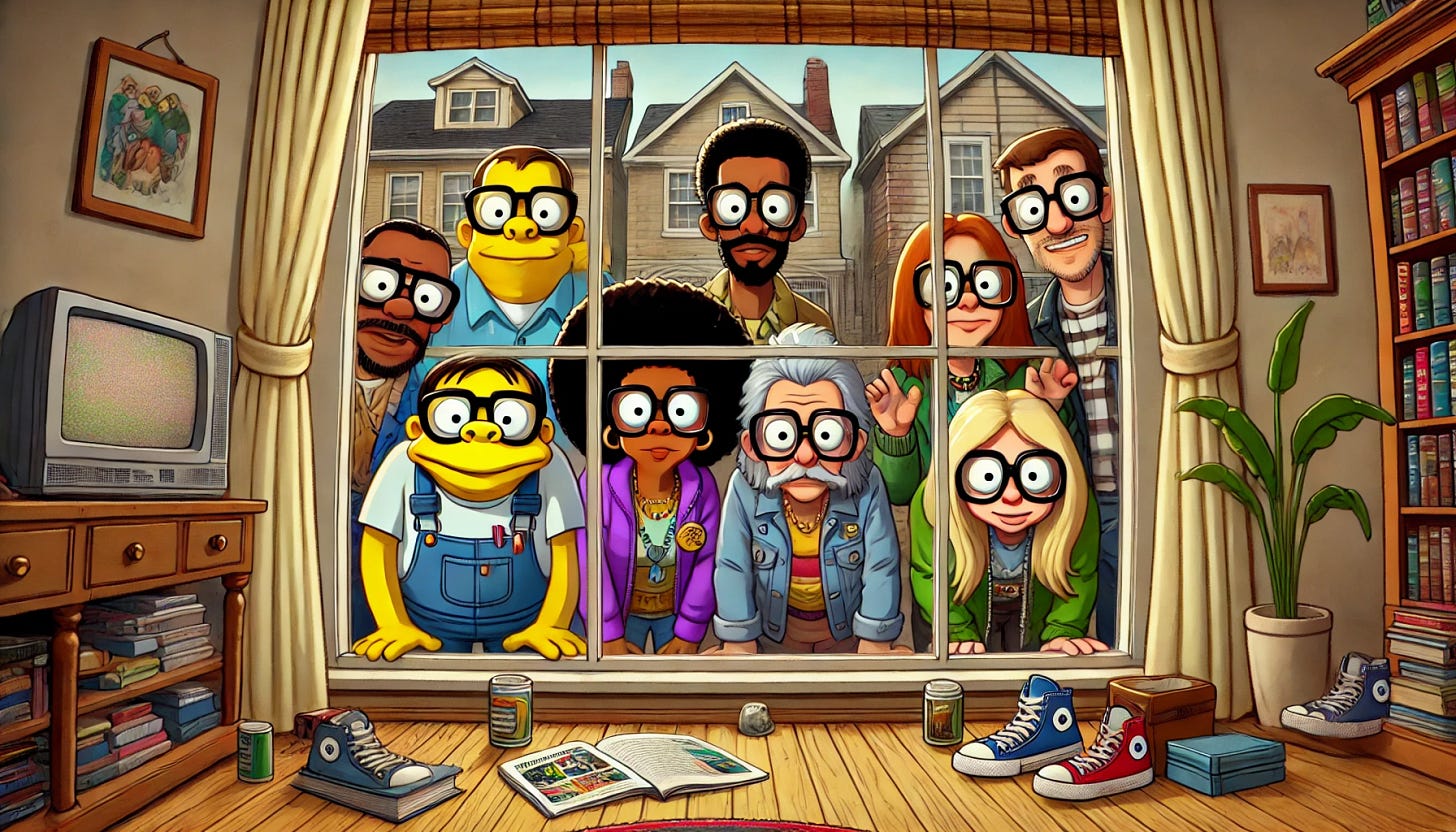 A group of five diverse nerds peering through a window from outside a house, in the playful and exaggerated style of The Simpsons (without including the Simpsons logo). The nerds include at least two women and represent diverse ethnic backgrounds. The scene is fun and lighthearted, with each character showcasing quirky expressions and unique accessories like thick glasses, pocket protectors, or comic books. The viewpoint is from inside the house, showing more of the house interior in a wider frame, but keeping it empty of people. The nerds' faces are pressed humorously against the glass, with the interior elements like furniture or decorations subtly visible in the background. Importantly, there are no people inside the house, only the nerds outside.