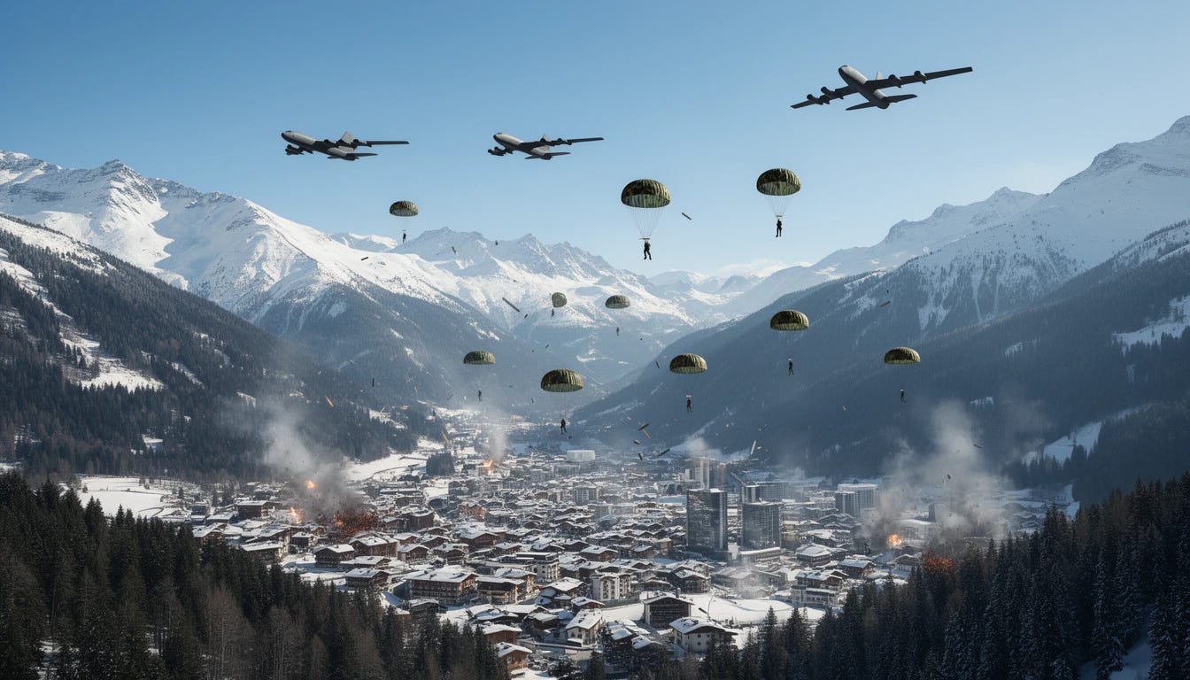 Davos, Switzerland being carpet bombed with B52 bombers with airborne assault troops parachuting in
