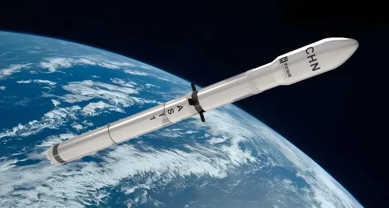 A render of Astronestone’s AS-1 launch vehicle with Earth in the background.