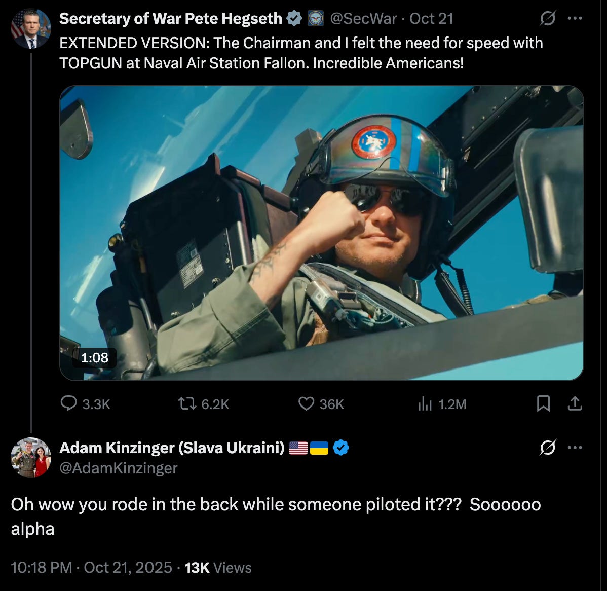 Kinzinger: Oh wow you rode in the back while someone piloted it??? Soooooo alpha Kinzinger: Oh wow you rode in the back while someone piloted it??? Soooooo alpha