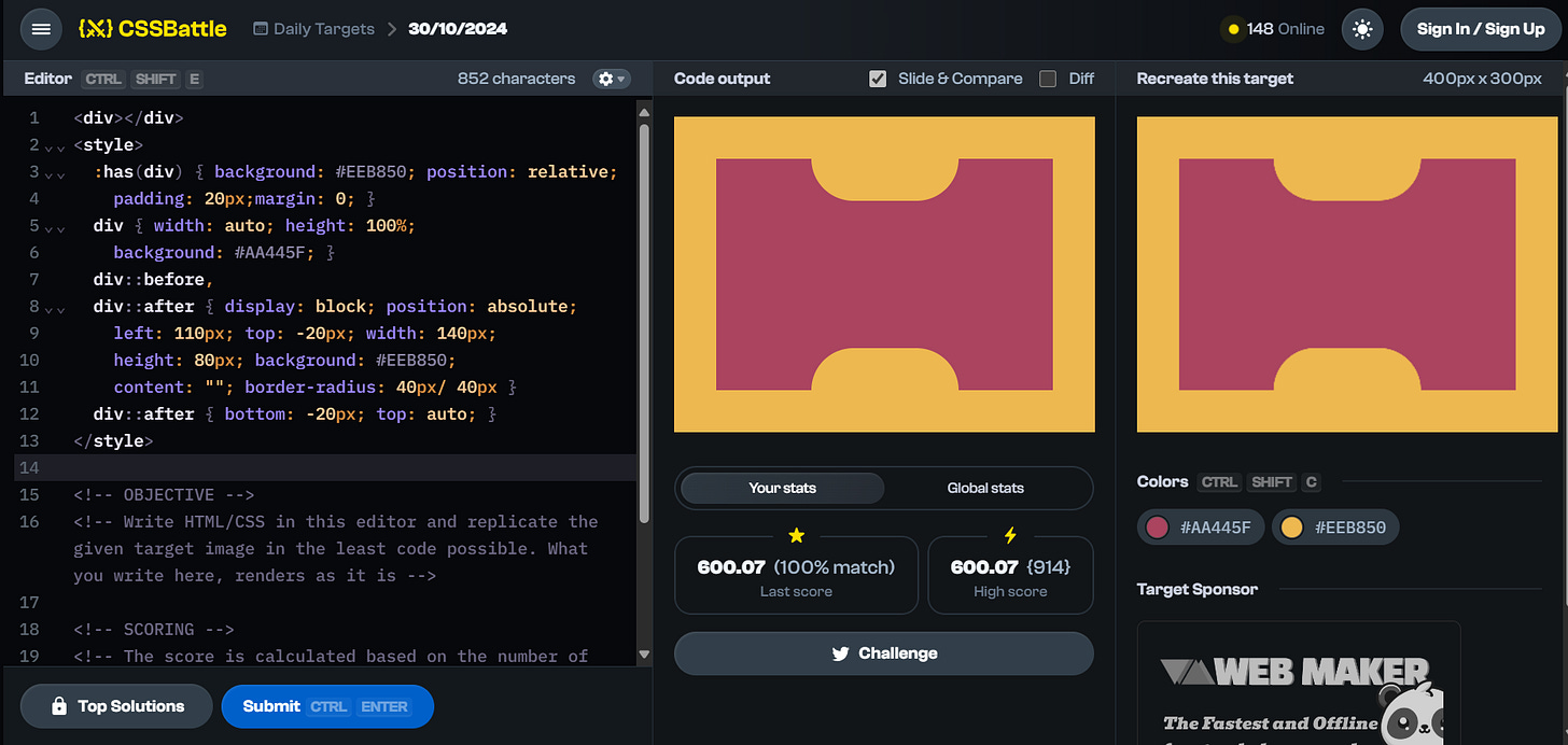 Otisk rozhraní hry. Vlevo je zdrojový kód HTML/CSS a vpravo srovnání obrazce, který Martin vytvořil a který vytvořit měl. Za stoprocentní shodu získal 600 bodů.