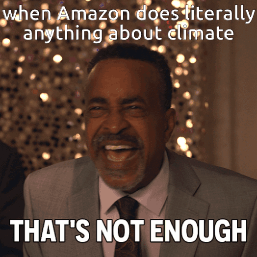 Animated GIF captioned "when Amazon does literally anything about climate". Tim Meadows, in a suit and tie, shouts with a big grin, with the caption "THAT'S NOT ENOUGH"
