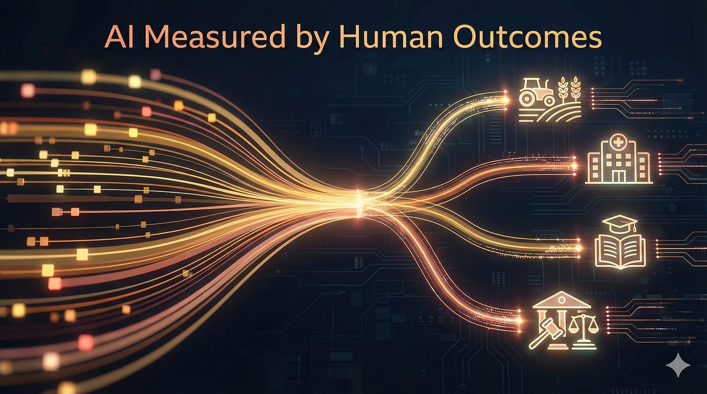 Multiple data streams converging into icons representing human services and institutions