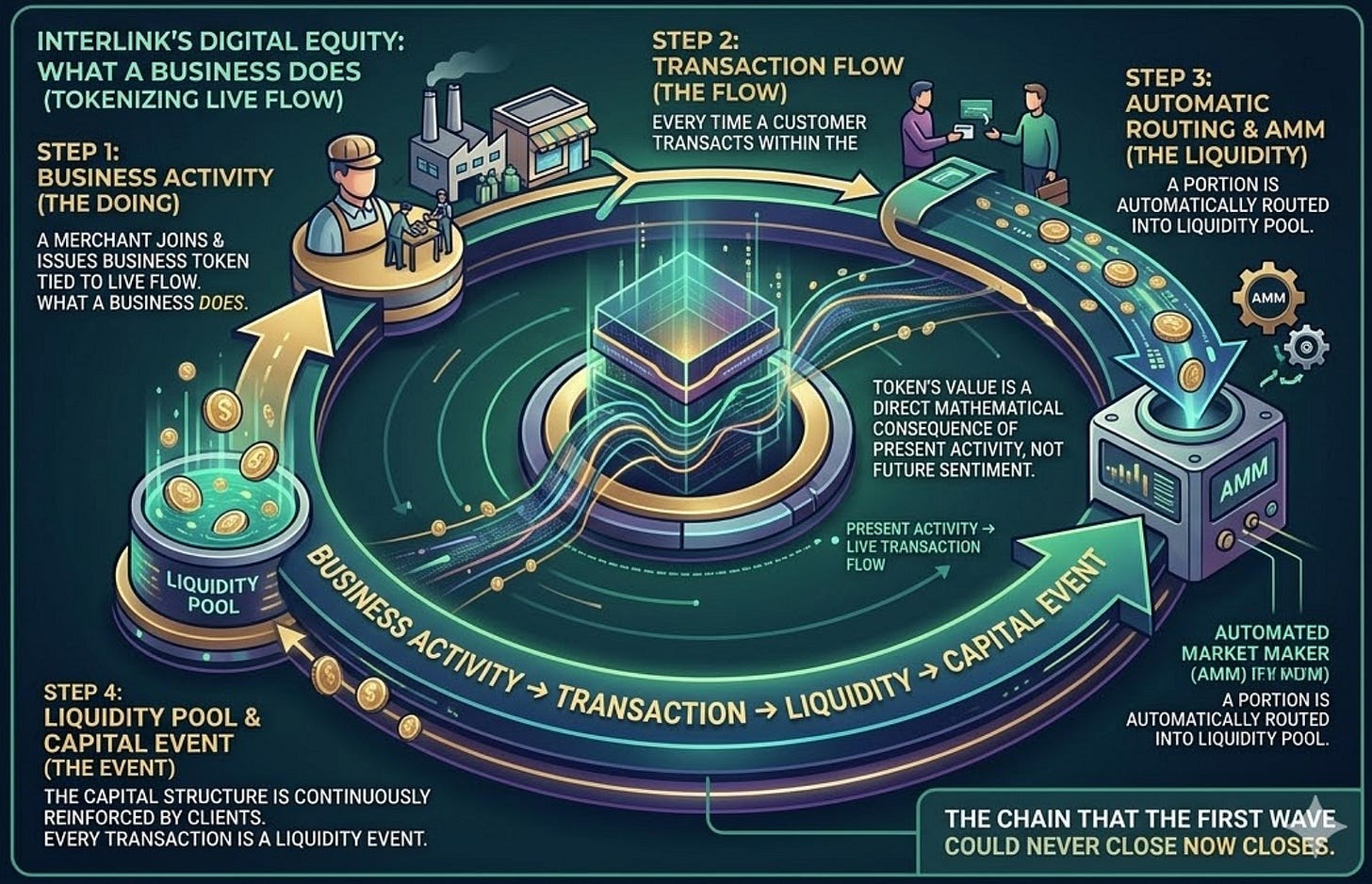The Second Wave closes the missing chain: business activity → transaction → liquidity → capital.