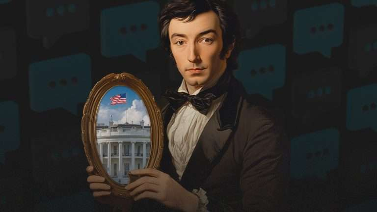 Alexis de Tocqueville holding a mirror reflecting the White House.