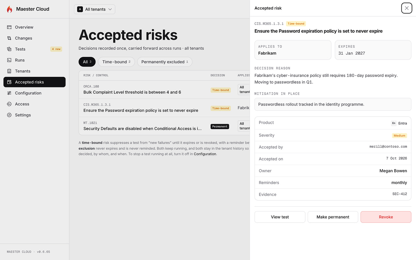 The detail panel for an accepted risk, with the decision reason, the mitigation, the owner, the reminder cadence and the evidence ticket.