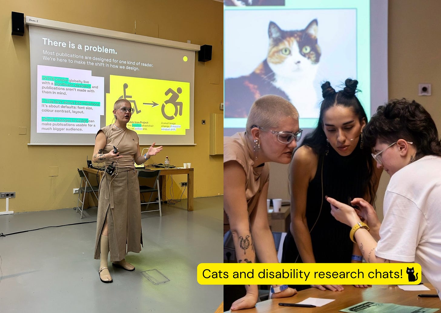 Split image of a speaker presenting about accessibility on the left and a group discussion with a cat image projected behind them on the right.